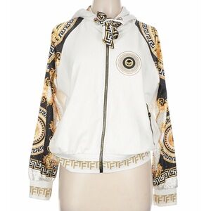 TATU Baroque Print Rhinestone Zip Hoodie White Gold Greek Key Jacket Size 42